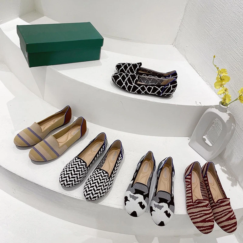 2022 Women's Flat Knitted Round Toe Colorblock Soft Ladies Moccasins Zapatos De Sports Zapatillas Mujer Bесна Ballet Breathable