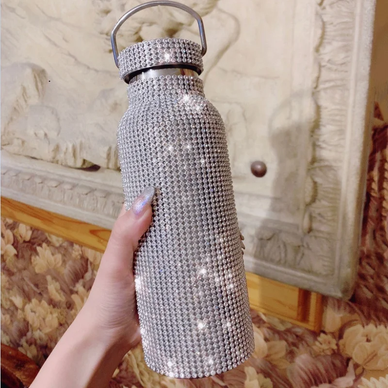 Блестящая Алмазная бутылка для воды термос чашка из нержавеющей стали большая