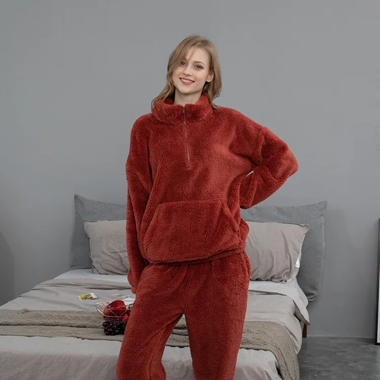 Winter Pajamas Lovers Couples Coral Velvet Home Clothes Thickening Velvet Solid Color Simple High-grade Flannel Pajamas Warm Set