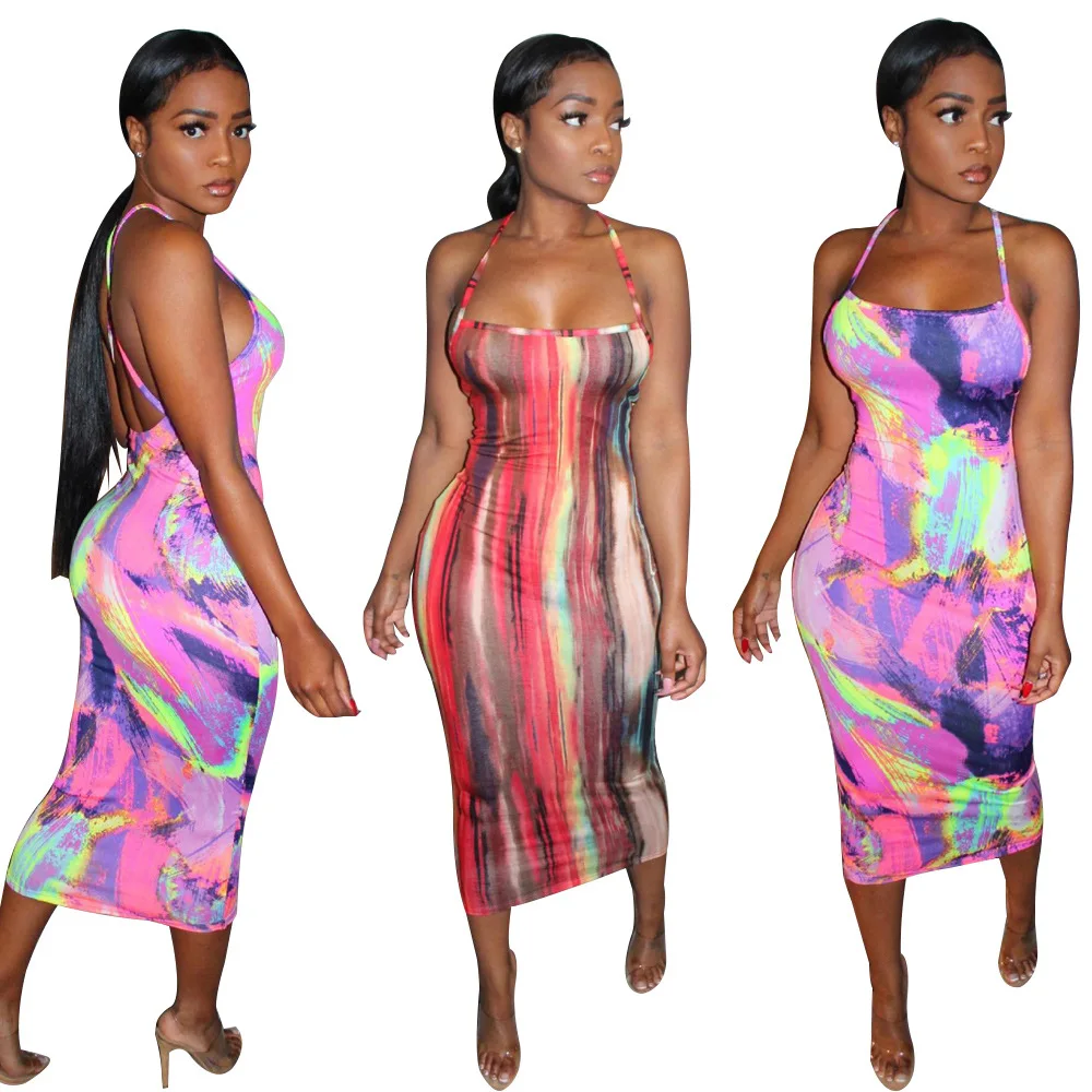 

Women's Hollowed Out Sexy Halter Graffiti Print Bodycon Dress Robe Femme