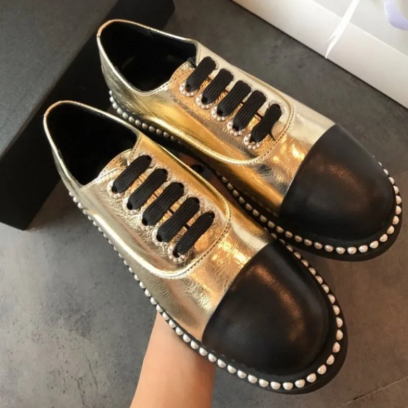 Euro Brand New Lace Up Pearls Womens Panelled Tweed Shoes Vintage Round Toe Thick Bottom Casual Female Platform Streetwear | Обувь