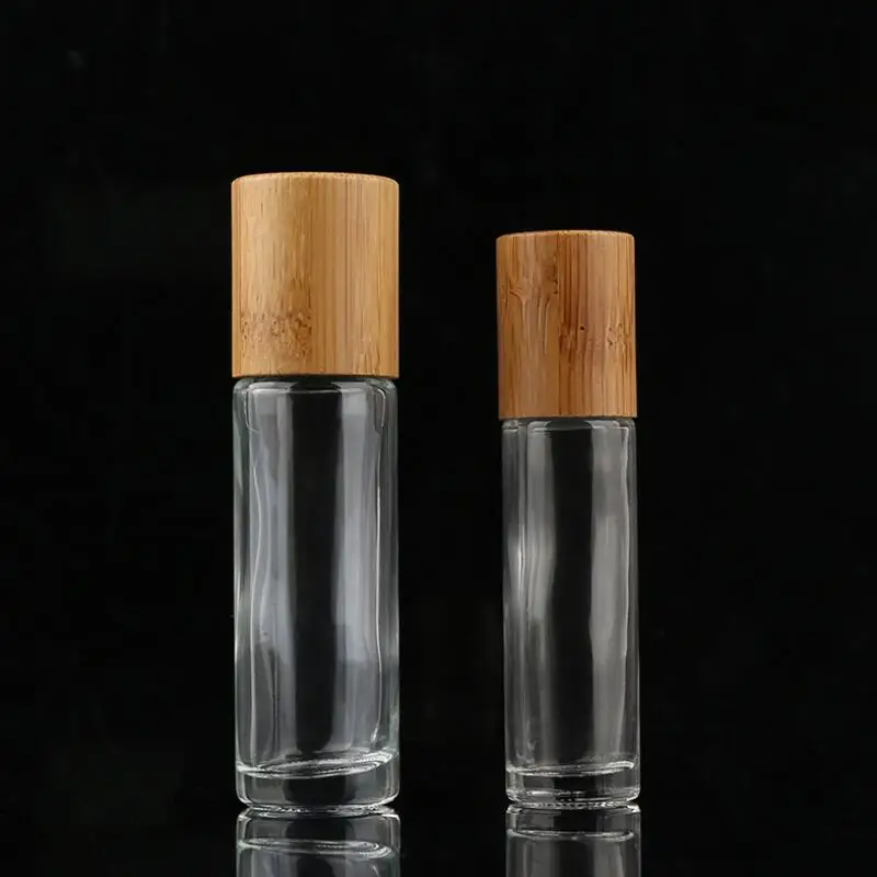 

5ml 10ml Essential Oil Diffuser Clear Glass Roll On Bottle with Natural Bamboo Cap Stainless Steel Roller Ball LX2544