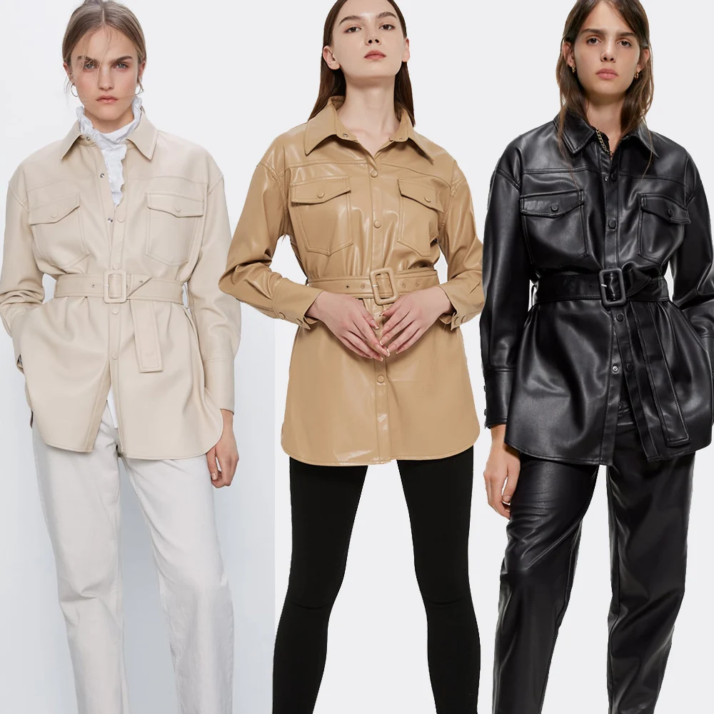 

2021 New Fashion Women Autumn Winter Fake Faux Leather Long Jackets Lady Elegant Tie Belt Waist Pockets Buttons PU Street Coats