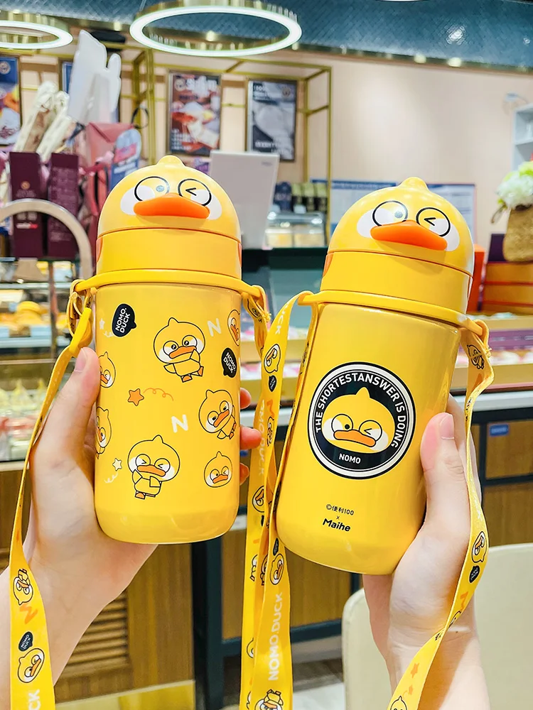 

Children's thermos cup with straw 304 Stainless Steel Portable Baby Kindergarten water cup lovely little yellow duck cup