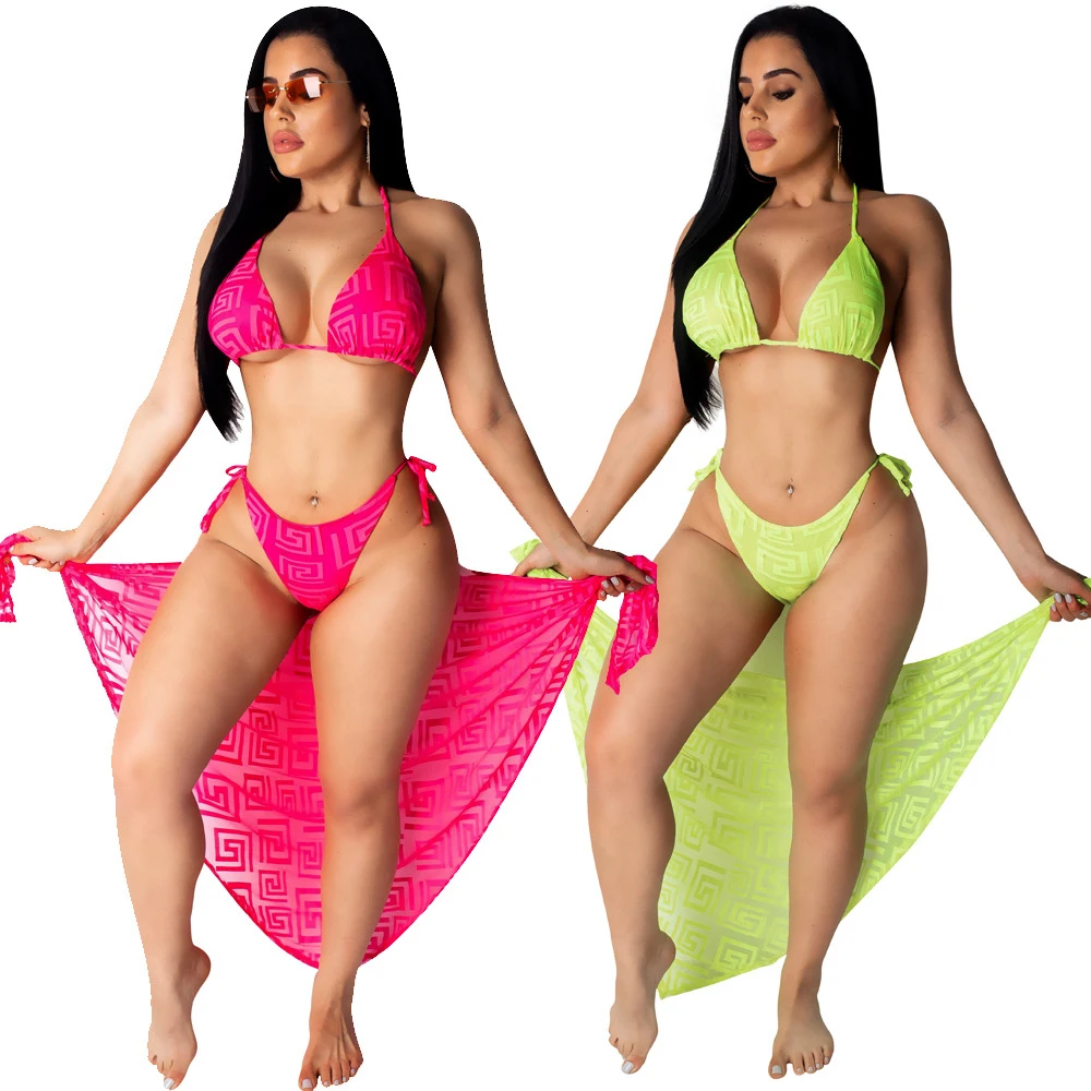 

Solid Halter Neck Mesh See Through Bikini Sexy Backless Bandage Swimwear Low Waist Bathing Suit With Smock 3pc Set