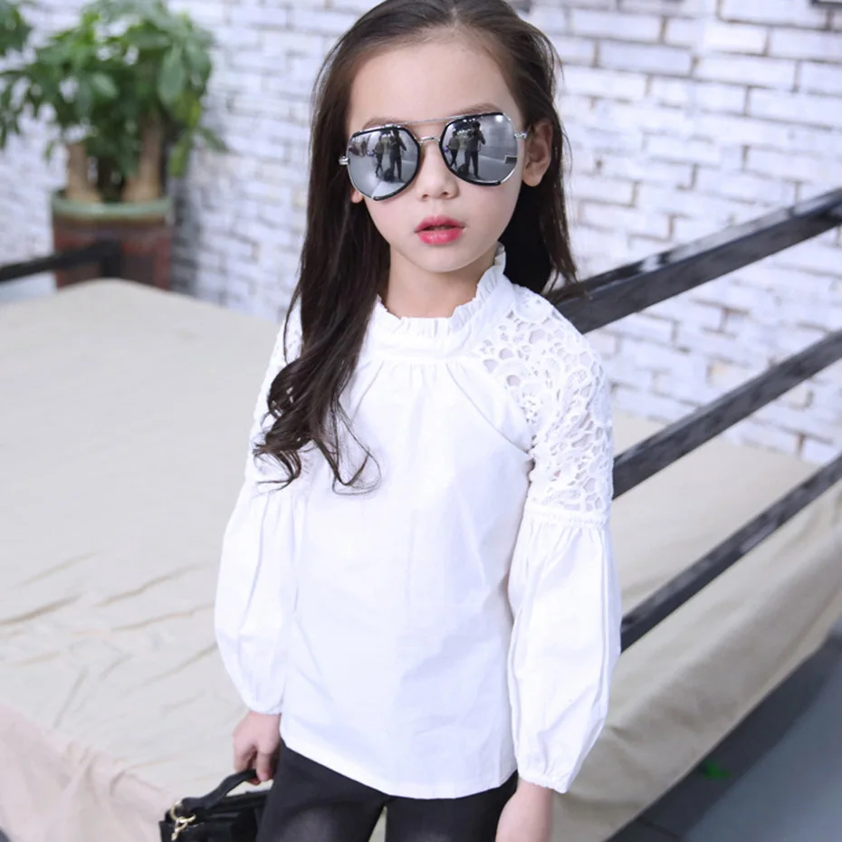 Белая блузка для девочек кружевная с цветочным рисунком детская длинная