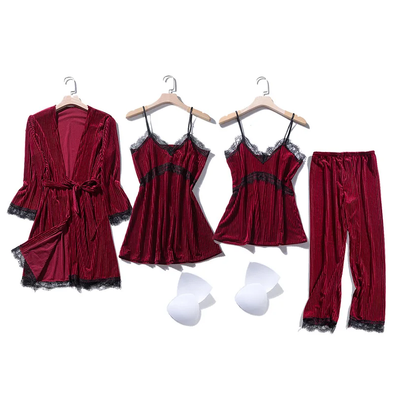 

Sexy Lady Four Piece Pajamas Velour Strap Top Pants Sleepwear Sets Woman Home Wear Nightgown Suit Kimono Sleep Robe Bath Gown