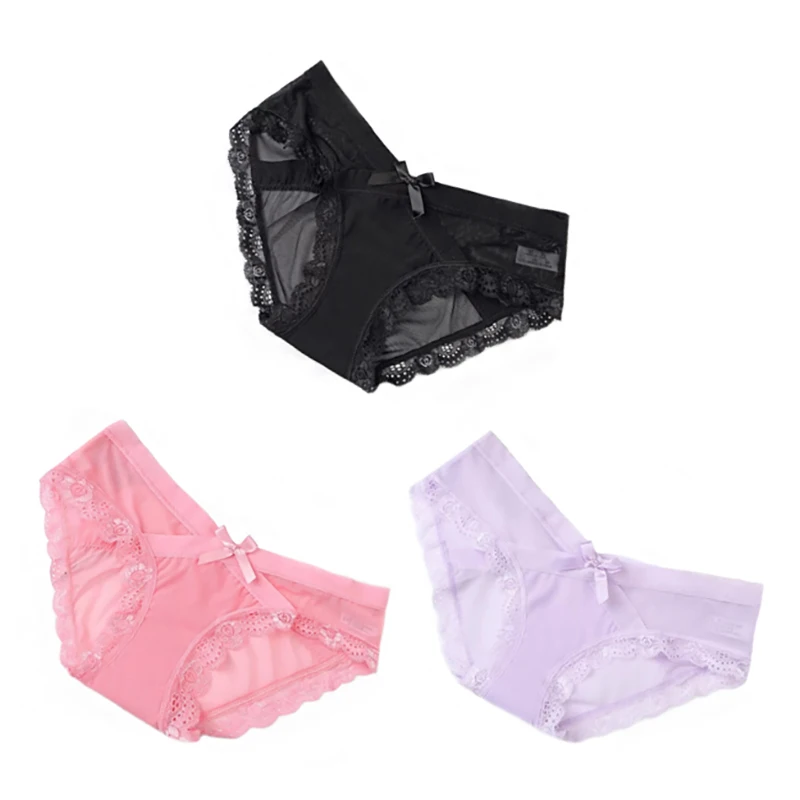 Pink Purple Black 3 шт./компл. сексуальные кружевные женские трусики хлопковые белье прозрачные сетчатые трусы для девушек Красота лук с низкой посадкой, мужское нежнее бельё - Цвет: Pink Purple Black