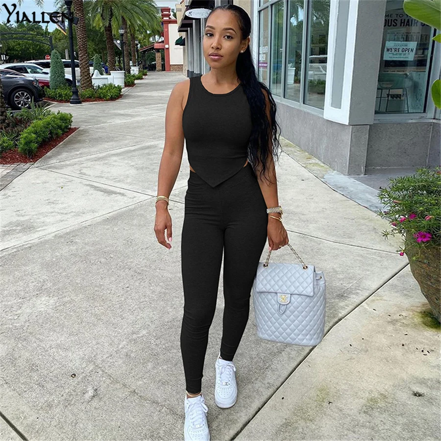 

Yiallen осенний комплект из двух предметов для фитнеса, Женский Повседневный Топ без рукавов + леггинсы, эластичный ребристый спортивный костю...