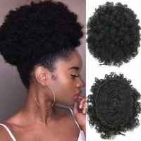 kinky curly afro puff drawstring ponytail extensions hair bun chignon fake hairpiece clips on black heat resistant synthetic
