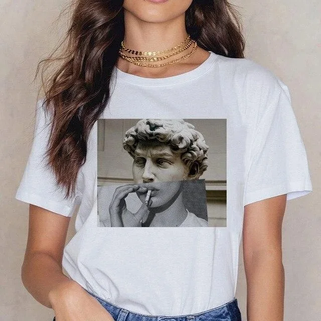 Women Michelangelo T Shirt Ulzzang Hands Femme Vintage Harajuku Tshirt 90s Aesthetic Female Grunge Graphic T-shirt Drop Ship | Женская