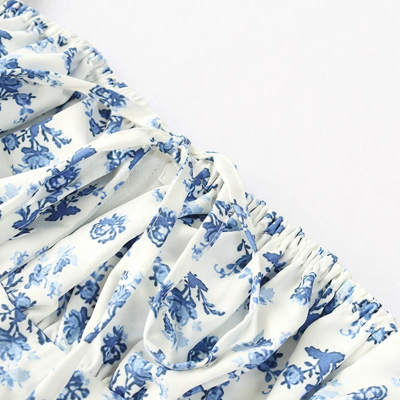 

2021 New Floral Top Puff Sleeve Lace Up Vintage Square Collar Blouse Ruched Cropped Bluas Party Autumn Bustier Shirt