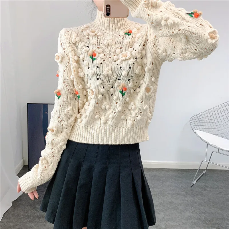 

2020 Autumn Winter Turtleneck Sweater Cropped Pullover Sweater 3D Floral Appliques Hairball Hollow Out Women Jumpers Fall Tops