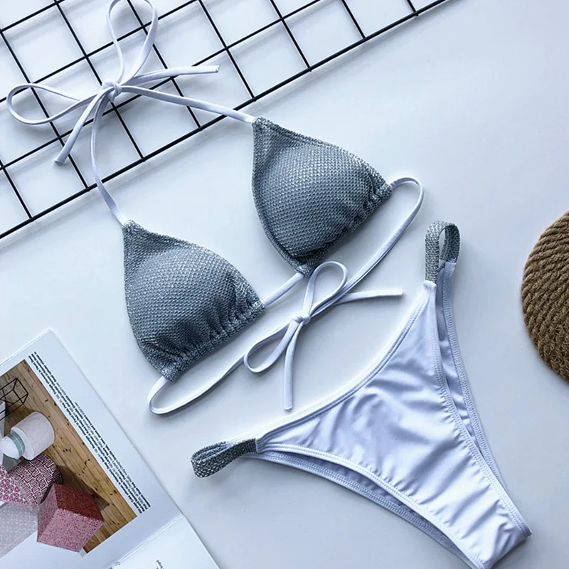 Новинка 2020 блестящее бикини женский купальник две части Холтер купальники микро