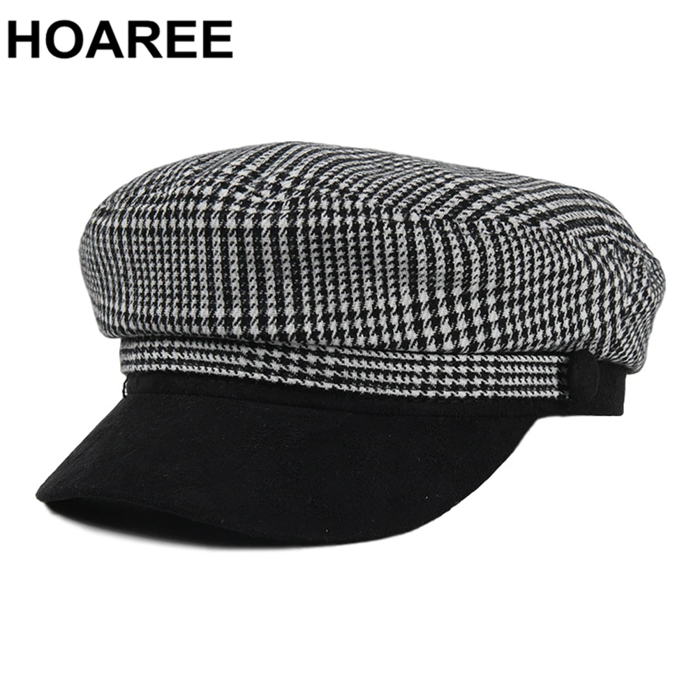 

HOAREE Plaid Women Hats Retro Sailor Hat Vintage Army Cap 2021 New Autumn Winter Casual Ladies Military Caps for Women