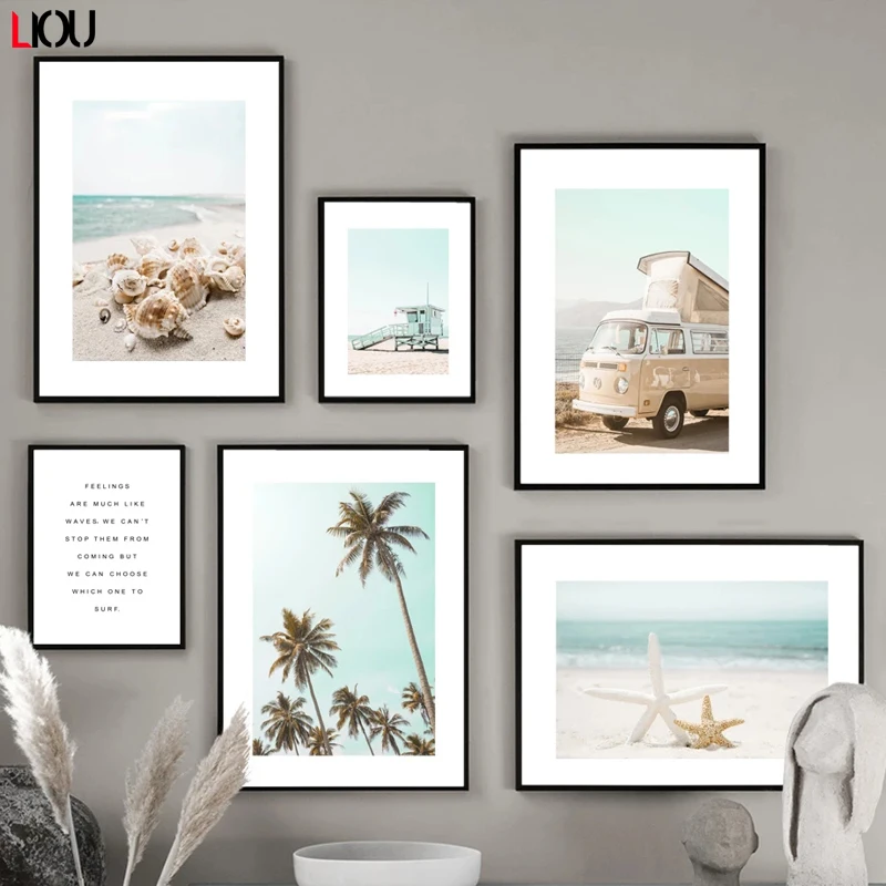 Starfish Shell Beach Car Sailboat Coconut Tree Nordic Posters And Prints Art Canvas Painting Wall Pictures For Living Room Decor | Дом и сад