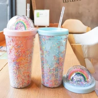 new double layer rainbow plastic water bottle with straw korean creative sweet cup milk coffee tea cup drink cup