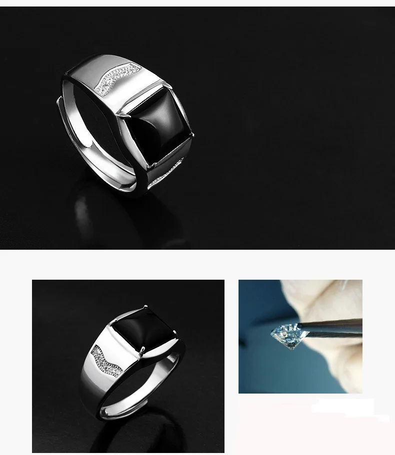 Silver-Plated Ring For Men With Black Square Flat Gel Stone Noble Resizable Кольцо anillos para hombre | Украшения и