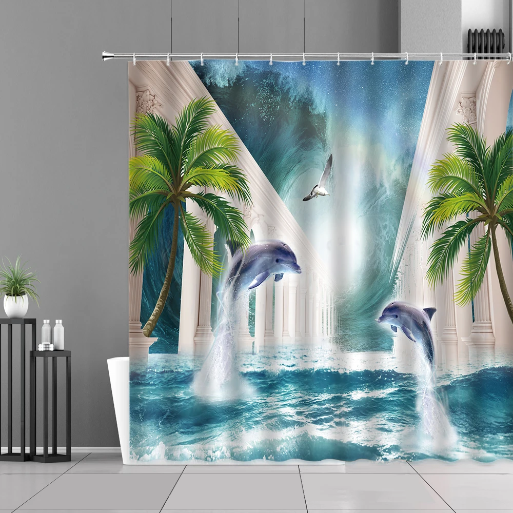 

Занавеска для душа с дельфином, кокосовое дерево, птица, морской пейзаж, занавеска для ванны с узором в виде животных, водонепроницаемая дек...