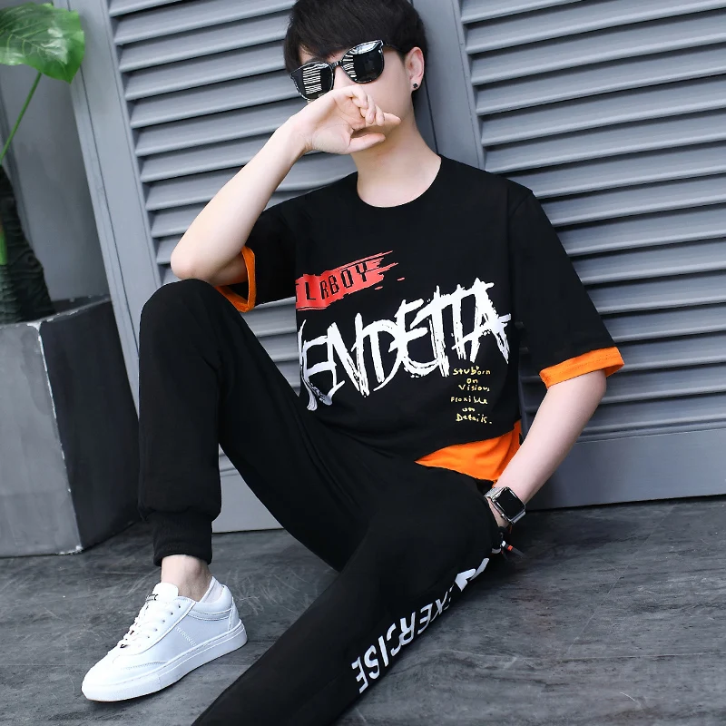 

Summer Cotton Short-sleeved T-shirt Nine-point Pants Men's Sports And Leisure Suits, Junior High School And High School Students