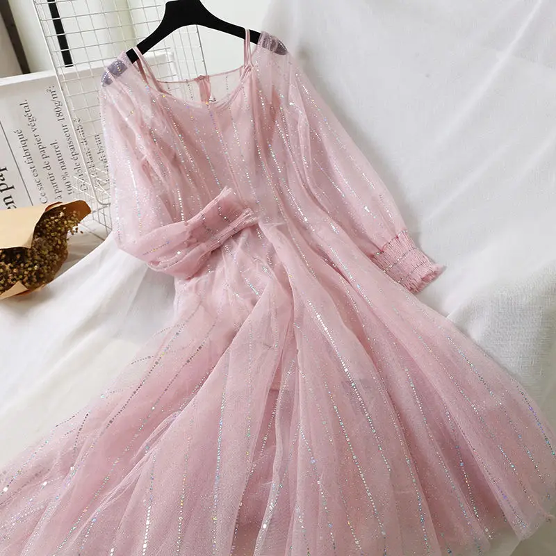 

Summer Sequin Fairy Dress Women Elegant Sweet Puff Sleeve Korean Slim Solid Maxi Dress Casual Temperament Club Party Dress 2021