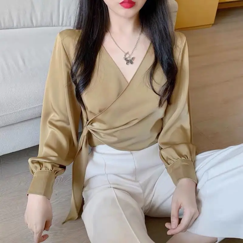 

Pant Sets Women Temperament Fashion Office Lady Wide Leg Trouser Retros Vintage Spring Sexy V-neck Bandage Blouses Tops Solid