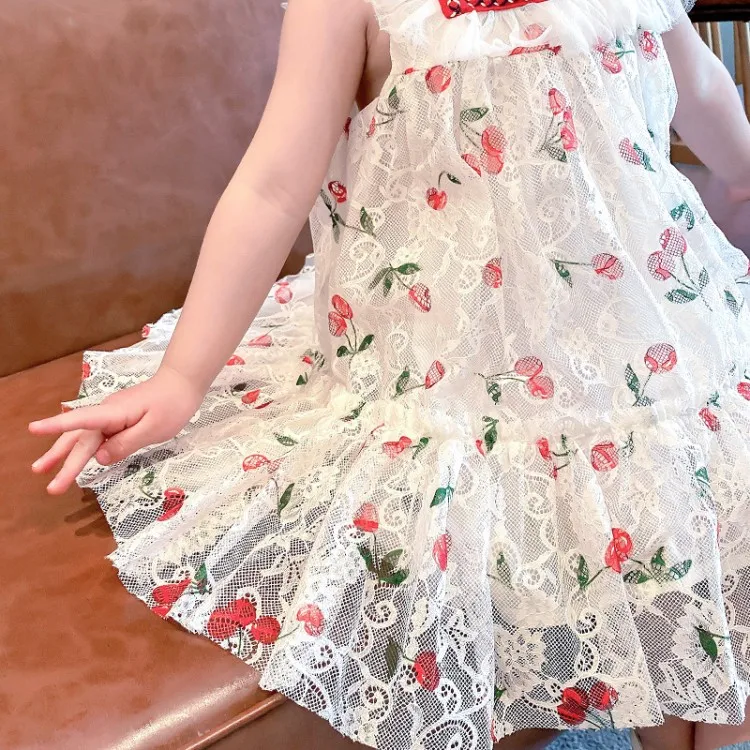 

Summer 2021 New Fashion Baby Sleeveless Cherry Lace Dresses girls Dress casual kids little Girls Princess Clothes