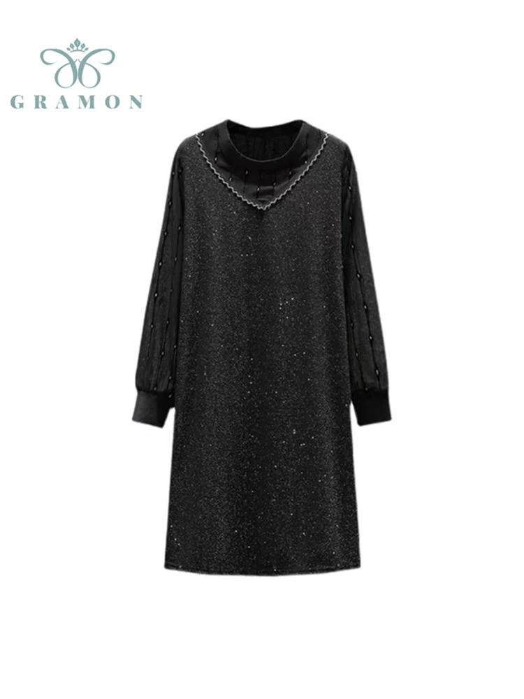 

Golden Velvet Female Plus Size Dress Spring Autumn Chic Vintage Elegant V-neck Long Sleeve Patchwork Solid Color Vestidos Mujer