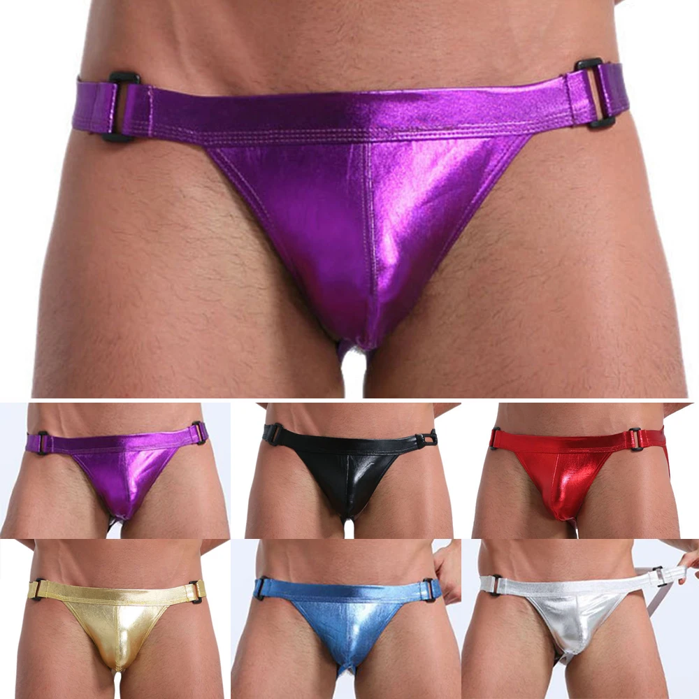 

Men's Imitation Leather Sexy Low Waist Large Bulge Pouch Elastic Jockstrap Men's Thong Faux Leather Patent Leather Hip Double