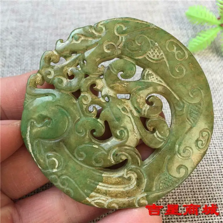 

Старинная китайская ручная работа GREEN JADE резная подвеска с драконом