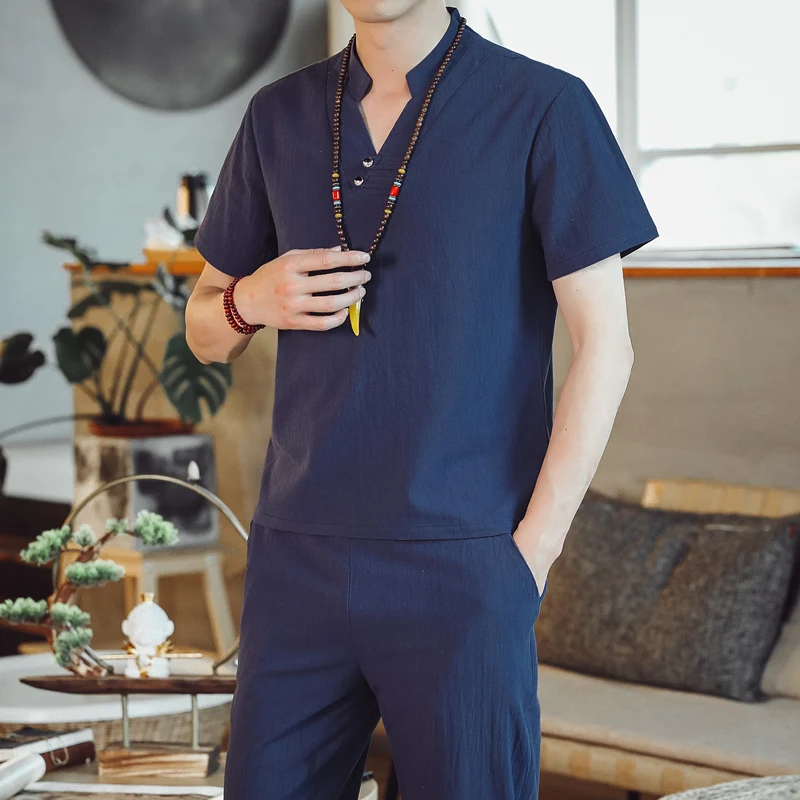 Summer new men two-piece set black retro t shirt and Ankle-Length pants cotton linen fabric mens sets Large size 5xl | Мужская одежда