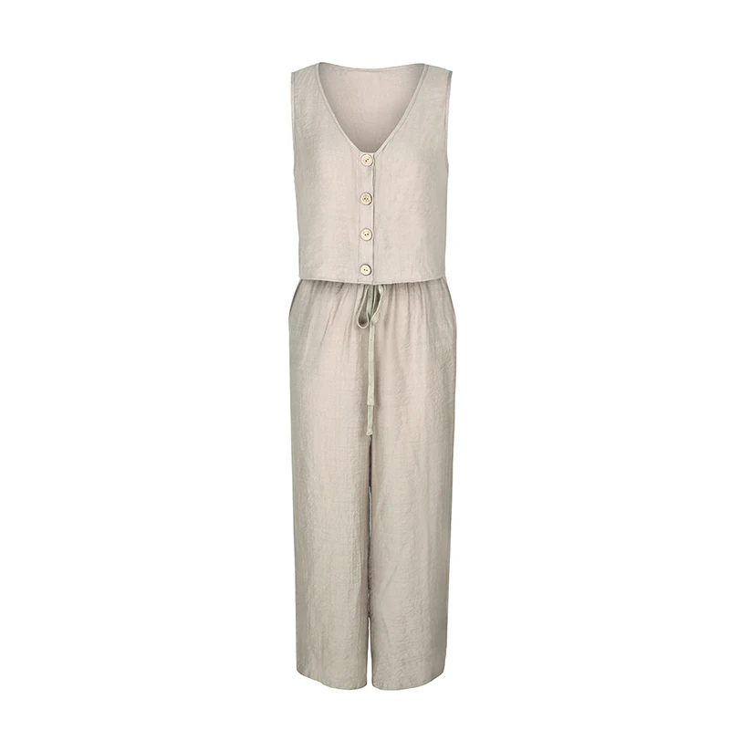 

2020 Summer Two Piece Set Women Casual Female Short Style Tank Tops V Neck Sleeveless Single Breasted Loose Long Pants Ladies