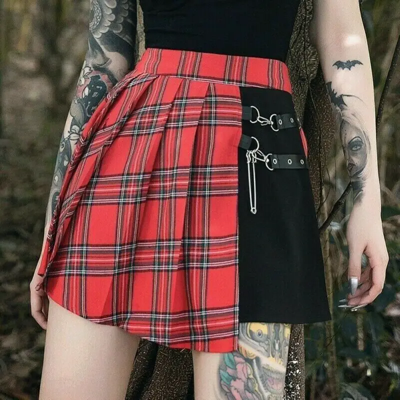 

Women Check Gothic Skirt Punk Pleated Plaid Mini Splice Bandage Dance Sexy SHP