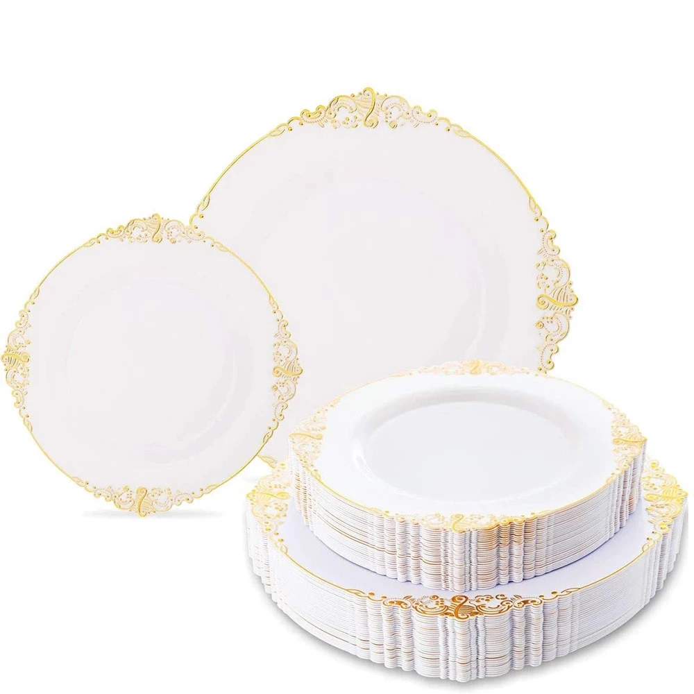 

10 Pieces of 7.5 inch 10.25 inch Disposable Dinner Plate Baroque Plastic Plate Outdoor Birthday Wedding Tableware Supplies