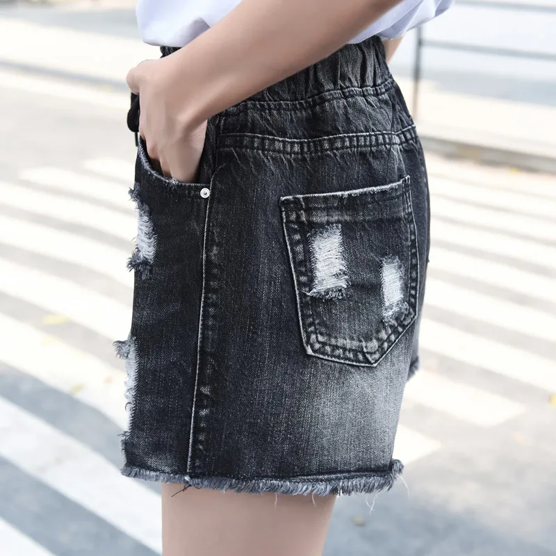 Summer Plus Size Loose Hole Ripped Denim Shorts Women High Waist Wide Leg Jeans Streetwear Casual Black Hot Pants Female | Женская