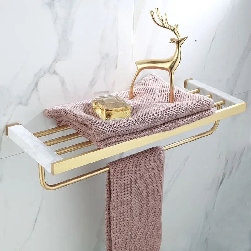 

Bathroom Accessories Set Brushed Gold Bathroom Shelf Towel Rack Towel Hanger Paper holder Toilet Brush Holder Marble and Brass