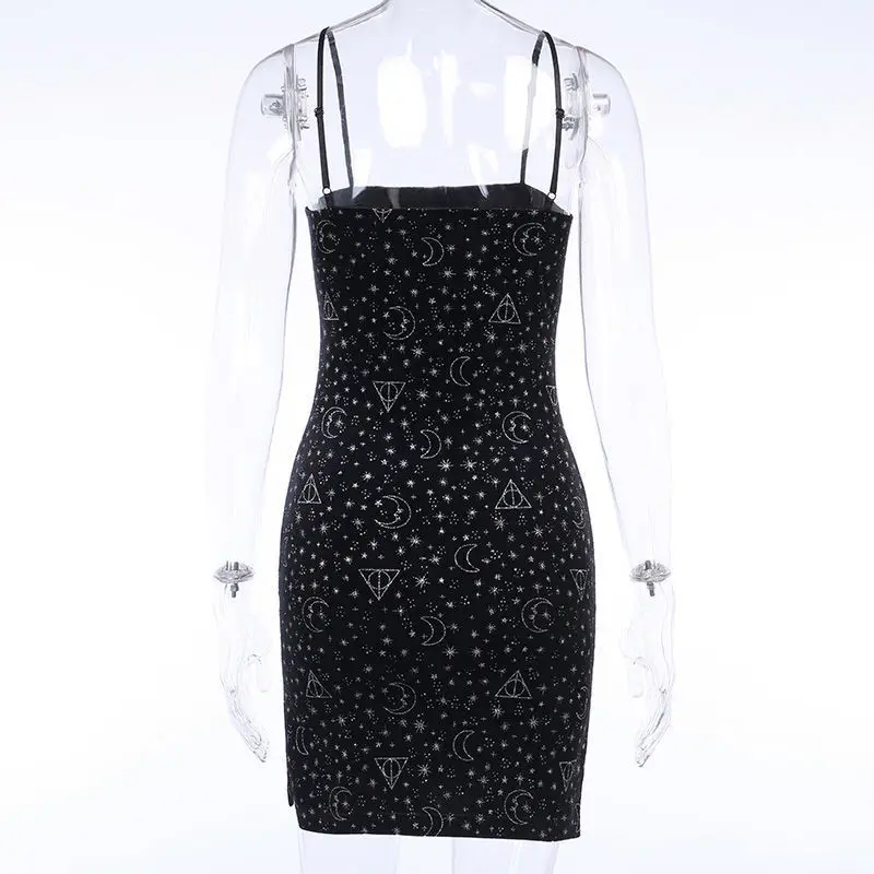 

2021 new star print suspender skirt dark black split slim temperament small fragrance dress