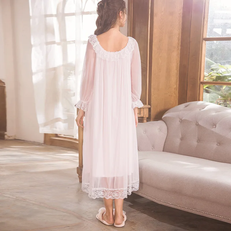 Элегантный белый розовый Sleepdress осеннее кружевное платье одежда для сна Фонари с