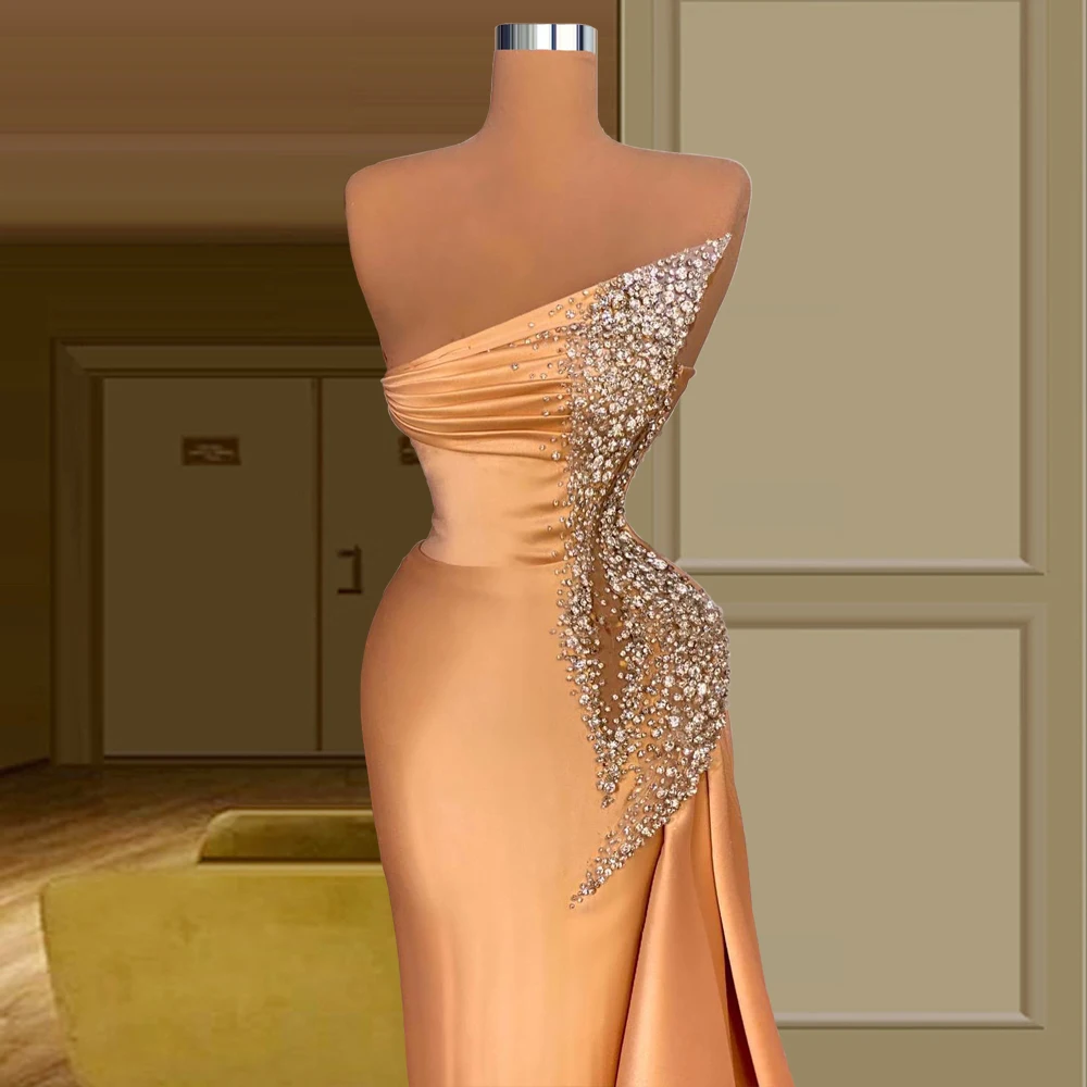 

Rich Diamonds Pleated Champagne Satin Dress prom kleider abendkleider 2021 dubai sukienki na studniwk