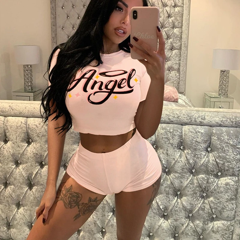 

Женский спортивный костюм с надписью Angel, повседневный комплект из двух предметов, футболка с коротким рукавом и шорты, летний спортивный ко...