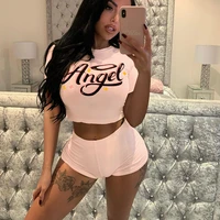 angel letter printed casual tracksuit women two piece set short sleeve t shirt and shorts summer sweatsuit sport outfits