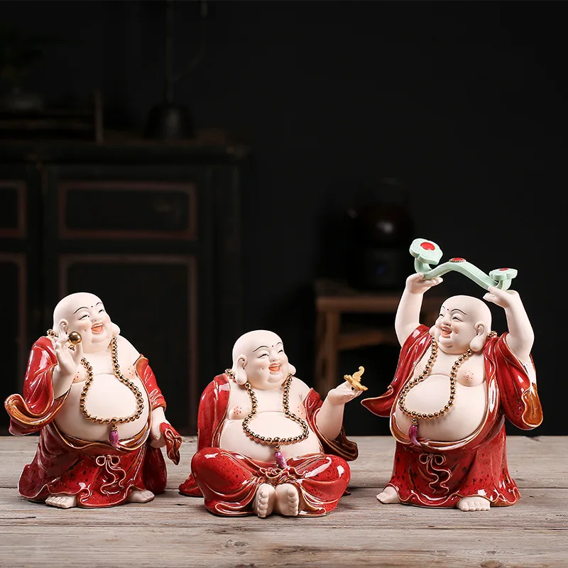 

Ceramic lucky big belly Maitreya statue Chinese Laughing Buddha ， character painted crafts Home living room decoration statue