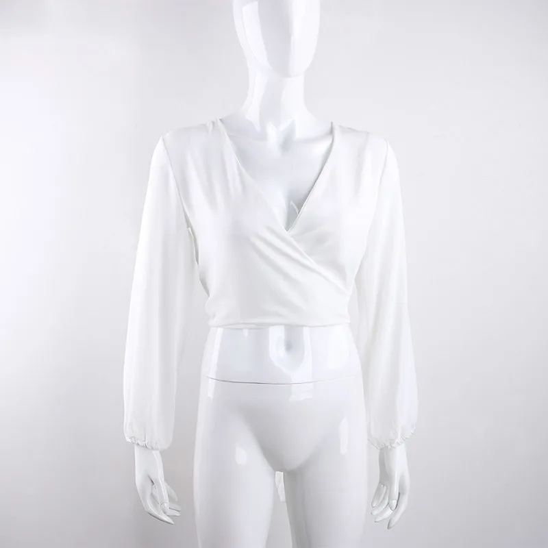 

Backless V Neck White Sexy Blouse Women Summer Wrap Shirt Long Sleeve Chiffon Womens Tops and Blouses