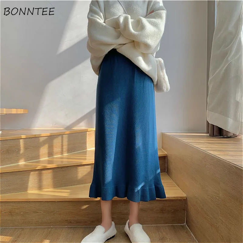 

Skirts Women All-match BF Classy Trendy College Teens Casual Popular Oversized Trumpet Midi Ruffles Pure High Waist Feminino Ins