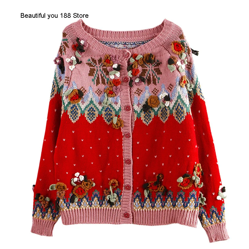 

Ancient sweater early autumn hand knitted three-dimensional flower wheel college bright sweater cardigan woman