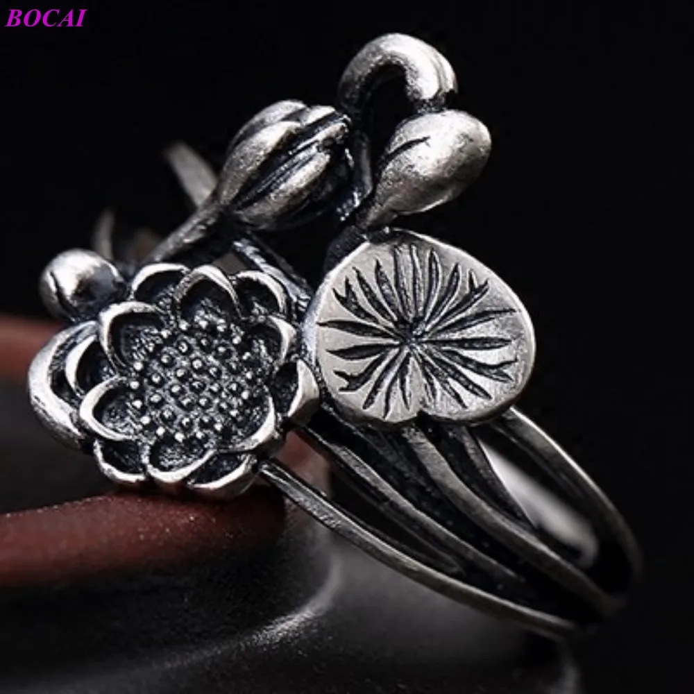 

BOCAI S925 Sterling Silver Charm Ring 2021 New Fashion Lotus Leaf Seed Personality Classic Pure Argentum Art Jewelry for Women