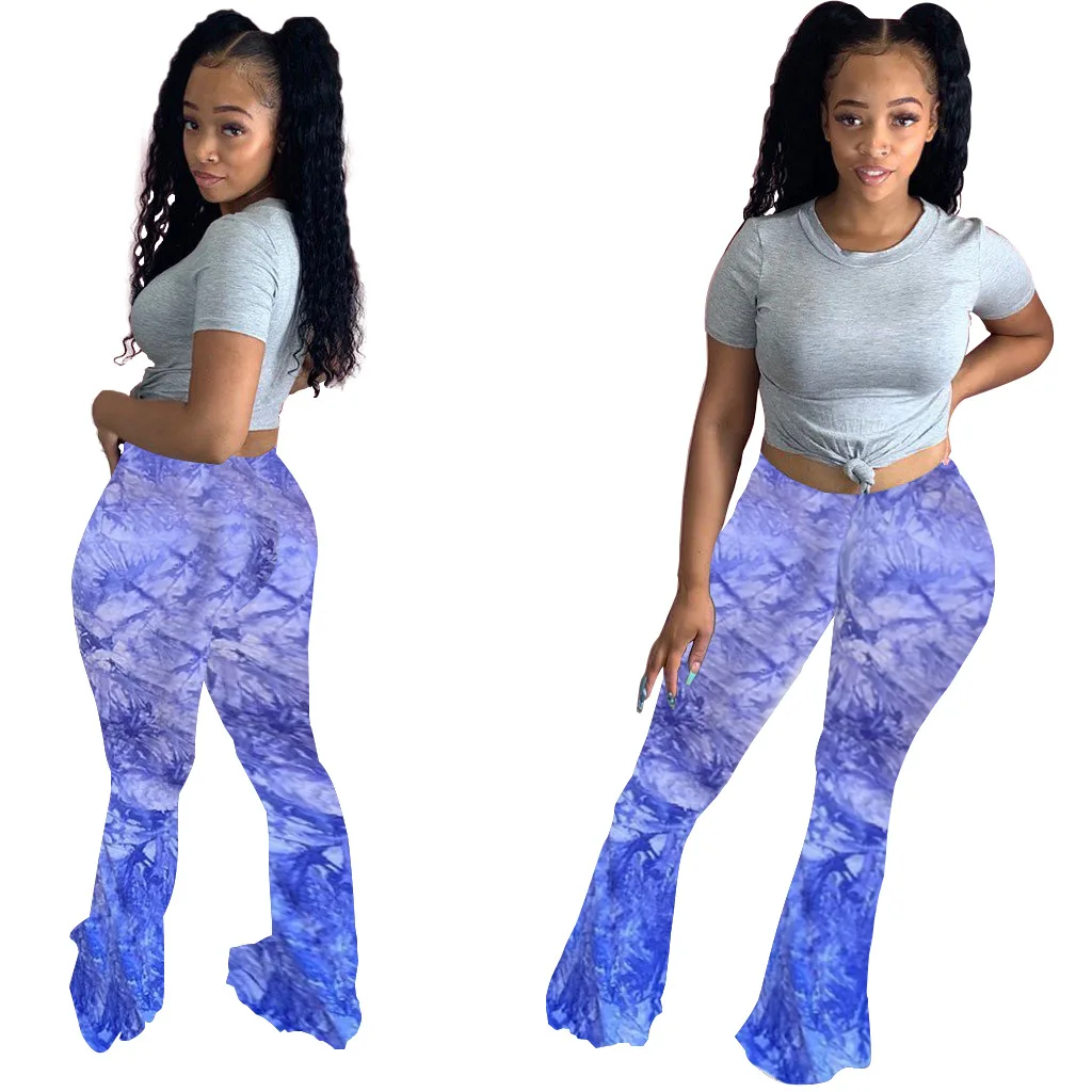

15HY5169 Autumn Winter Women Casual Fashion Tie-dyed Print Flare Pants Trousers Streetwear Women