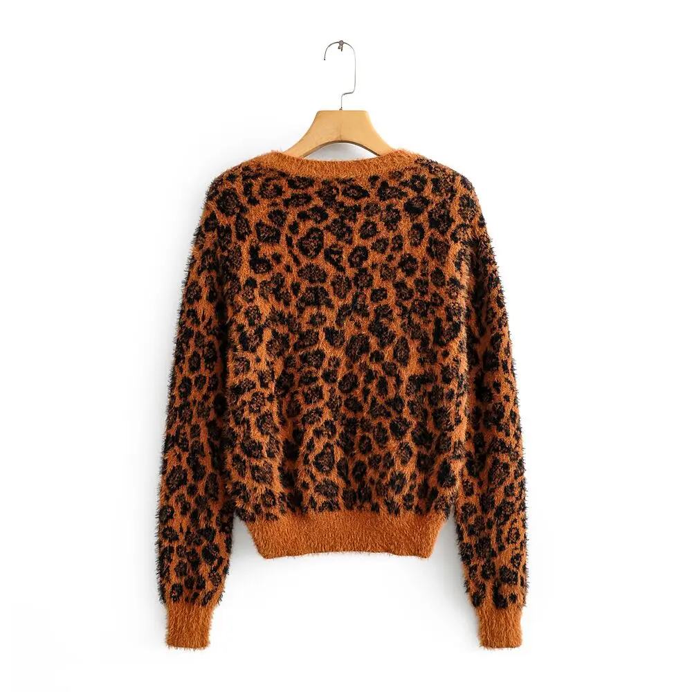 za 2019 new fashion women casual tops cotton winter long sleeves with 0-collar pullover Leopard print sweaters | Женская одежда
