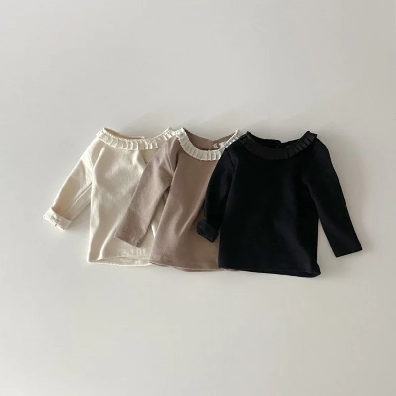 

Japan Korea Style Kids Girls Base Shirts Solid Cotton Tops Frill Collar Baby Tees Casual Bebes Base Match Children Clothes