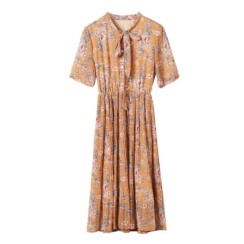 

Chiffon Dress summer 2021 new femininity bow tie short sleeve print waist down slim pleated skirt